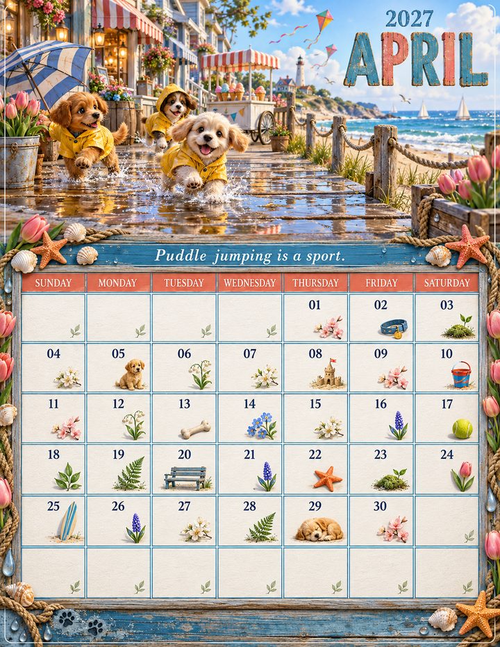 Puppy Seaside Boardwalk · April page made with MonthScapes